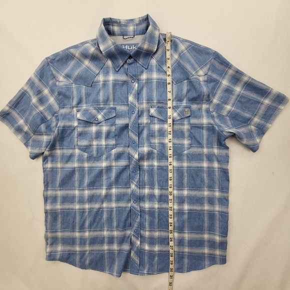 Huk Mens Performance Fishing Shirt Short Sleeve Snap Buttons  Size XL Blue Plaid - Picture 4 of 7